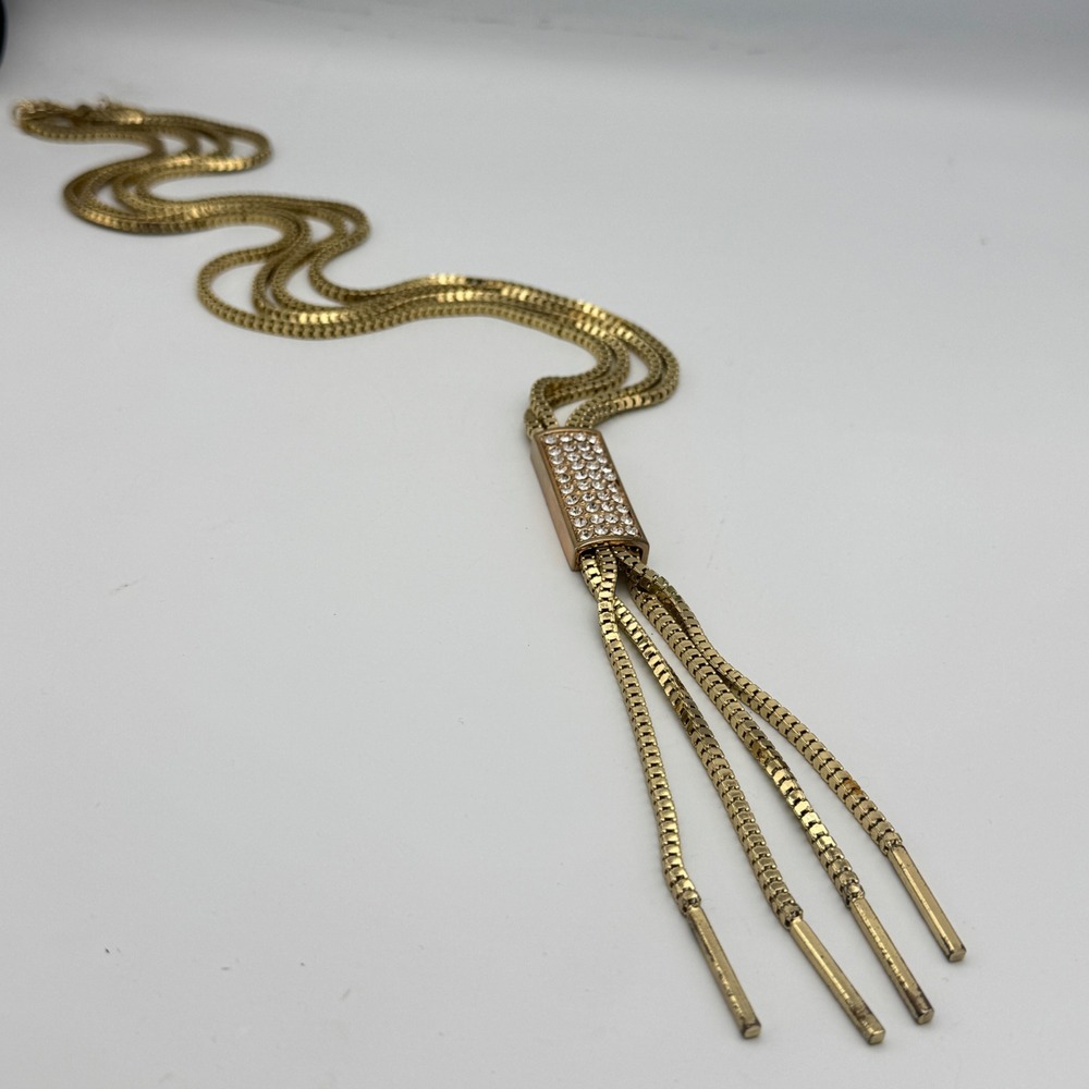 Jennifer Lopez JLO Lariat Necklace Rhinestone Multi Strand Gold Tone Bolo 32 in